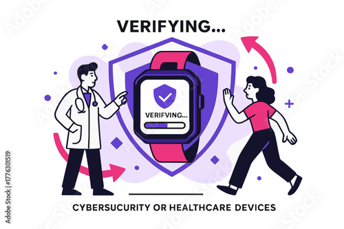 Smartwatch Firmware Protection. Cybersecurity for healthcare devices ? Firmware update security. Progress bar climbs across a smartwatch; geometric shields