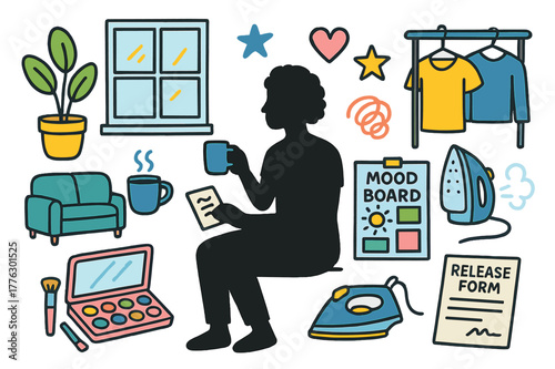 Colorful Lifestyle Essentials. Lifestyle product shoot. Colorful Hand-drawn doodle Children illustration Lifestyle product shoot model silhouette, handheld