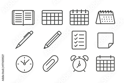 Weekly Planning Icons. Weekly planning. Line outline icon set of weekly planning: planner notebook, weekly