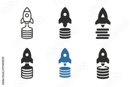Innovative Startup Logos. Startups and innovation. Set Logo of startups and innovation: rocket ship launching from a coin stack. Icon set. harmonious logo
