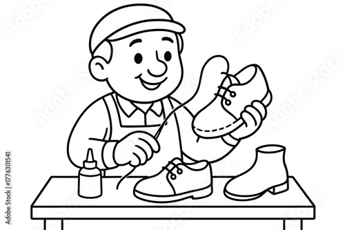 Friendly Cobbler Coloring. Shoe maker children?s coloring book illustration, outlined drawing, friendly