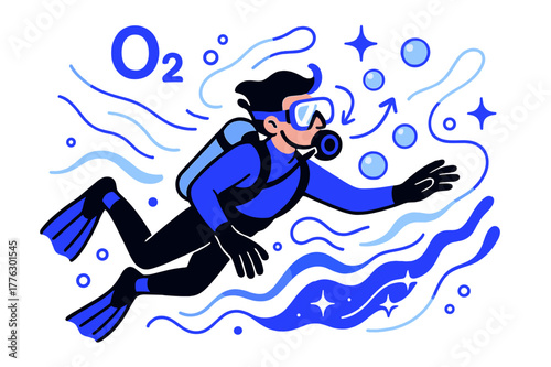 Underwater Diver's Oxygen Bubbles. Oxygen. Diver underwater surrounded by oxygen bubbles; abstract floating lines and sparkles highlight respiration, scuba