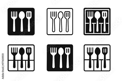 Organized Kitchen Gadgets. Using drawer organizers for kitchen gadgets. Set Logo of Using drawer organizers for kitchen gadgets: minimalist icon of tidy drawer