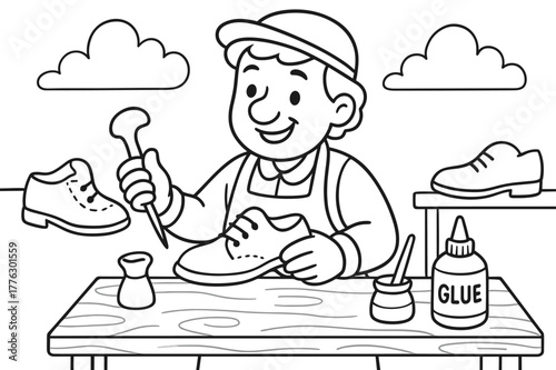 Cobbler Coloring Fun. Shoe maker children?s coloring book illustration, outlined drawing, friendly cobbler