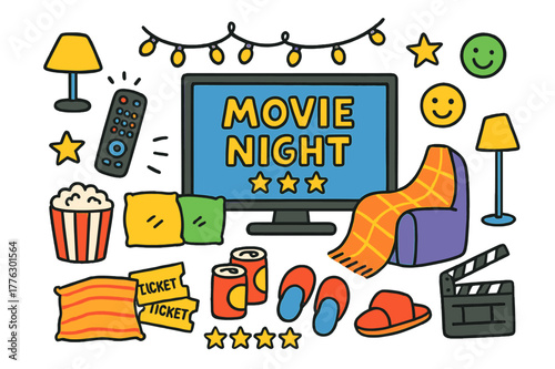 Cozy Movie Night Icons. Movie night at home. Colorful Hand-drawn doodle Children illustration Movie night at home TV screen, remote control, popcorn bucket,