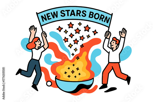 Cosmic Birth Celebration. Cosmic Birth Announcement. Tiny star icons pop like confetti from a glowing cradle of gas; a banner reads ?New Stars Born.? Dust