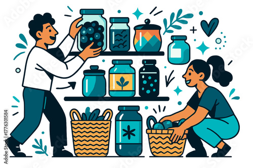 Vibrant Pantry Design. Decorative pantry. Glass jars, baskets, and vibrant containers arranged aesthetically