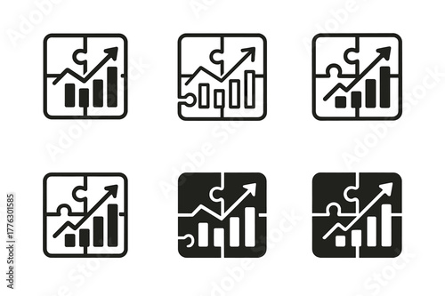 Marketing Logo Variations. Managing marketing teams and campaigns. Set Logo of Managing marketing teams and campaigns: puzzle pieces forming marketing chart.