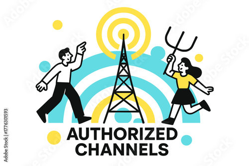 Signal Transmission Art. Television licensing and regulations ? Signal tower transmission. Antenna beams stretch into abstract circles; spectrum waves in