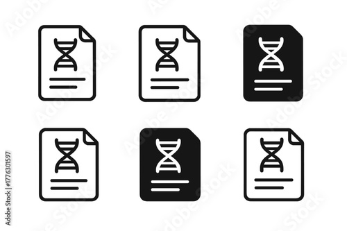 Genetic Testing Logos. Genetic testing in healthcare. Set Logo of Genetic testing in healthcare: DNA report document with helix symbol. Icon set. harmonious