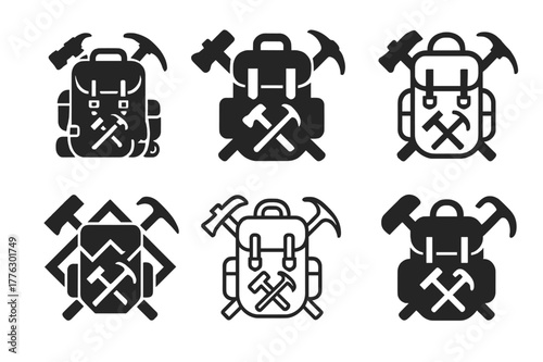 Post-Apocalyptic Logo Set. Post-apocalyptic societies. Set Logo of Post-apocalyptic societies: scavenger backpack with tools. Icon set. harmonious logo