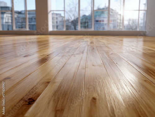 Wallpaper Mural Spacious interior with polished wooden flooring and large windows offering a bright view of surrounding urban landscape on a clear day Torontodigital.ca