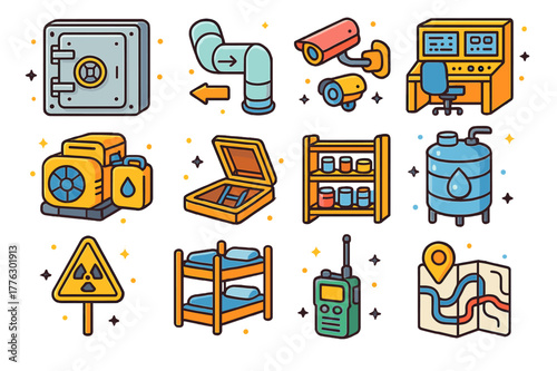 Colorful Bunker Icons. Bunker. Colorful isometric vector icons set of bunker: reinforced steel door, ventilation pipes, security cameras, control room,