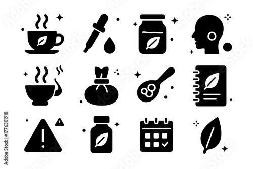 Sage Wellness Icons. Medicinal and wellness uses of sage. Solid icons set of Medicinal and wellness uses of sage: herbal tea cup, tincture dropper, infusion