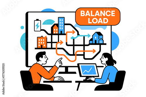 Smart Grid Dynamics. Smart Grid Control. Operators watch simplified city blocks glow as power flows animate in arrows; ?Balance Load? pulses on a floating