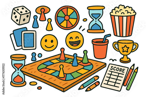 Board Game Night. Board game fun. Colorful Hand-drawn doodle Children illustration Board game fun dice, spinner, cards, pawns, game board, timer, popcorn,