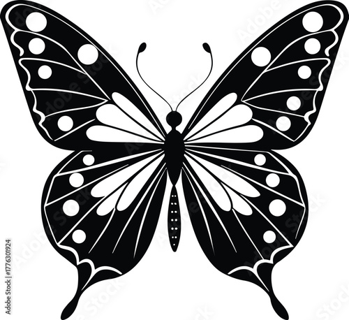 Black butterfly silhouette with decorative wing patterns, elegant insect vector illustration, minimalist butterfly icon for logo design and branding