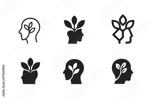 Nature Therapy Logos. Nature-based therapies for mental health. Set Logo of Nature-based therapies for mental health: human silhouette with growing leaves.