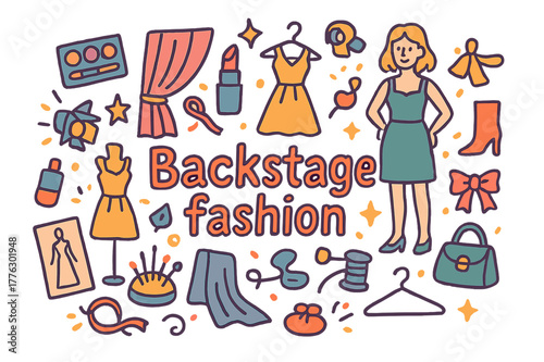 Backstage Fashion Doodles. Backstage fashion. Hand-drawn doodle illustration of backstage fashion. Makeup,