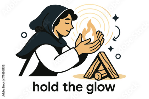 Firelit Vigil. Keeper of the Hearth ? Firelight Vigil. Hands cup the flame as logs settle into a neat triangle; gentle halo lines echo outward. Caption ?hold