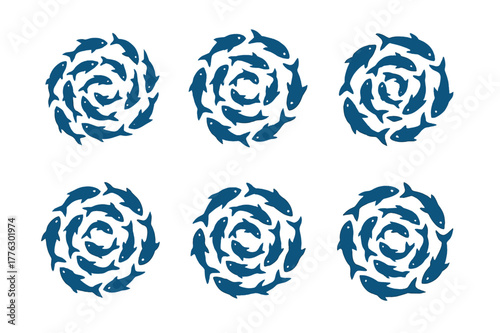 Underwater Spiral Logos. Aquatic life and underwater creatures. Set Logo of school of fish forming spiral: Symmetrical form, Negative space, Flat solid,