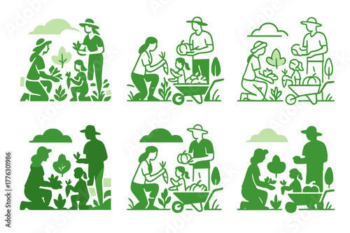 Countryside Harvest Logos. A family picking fresh vegetables from their garden in the countryside. Set Logo of a family picking fresh vegetables from their