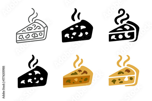 Quiche Logo Variations. Cooking a savory quiche with vegetables and cheese. Set Logo of Cooking a savory quiche with vegetables and cheese: sliced quiche with