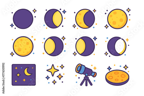 Colorful Moon Phase Icons. Moon cycle. Colorful isometric vector icons set of moon cycle: new moon, waxing crescent, first quarter, waxing gibbous, full moon,