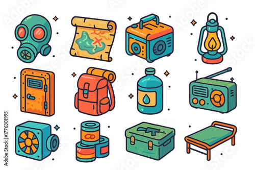 Post-Apocalyptic Shelter Icons. Post-apocalyptic shelter. Colorful isometric vector icons set of post-apocalyptic shelter: gas mask, old map, generator, oil