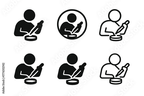 Science Experiment Logos. Students participating in hands-on experiments. Icon set. Set Logo of students participating in hands-on experiments: pipette and