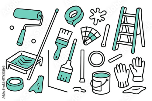 Interior Painting Essentials. Interior wall painting. Hand-drawn doodle illustration interior wall painting [paint roller (accented), extension pole, paint