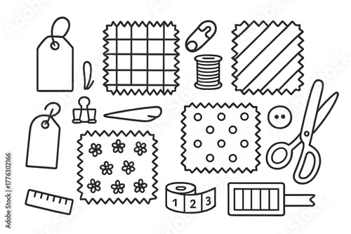 Sewing Supplies Doodle. Fabric swatches. Hand-drawn doodle illustration fabric swatches fabric samples, tag, thread spool, scissors, ruler, button, grid,