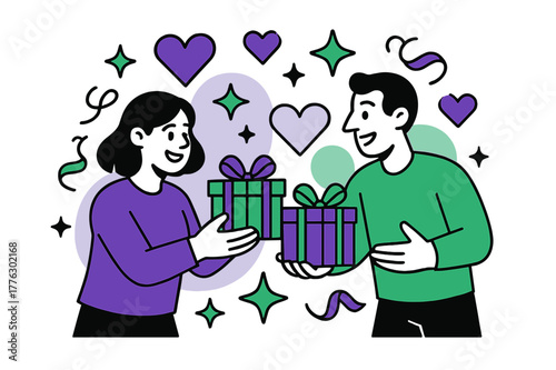 Joyful Gift Exchange. Gift exchange. Two friends happily exchanging presents with floating geometric hearts,