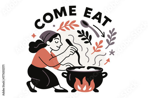 Hearthside Harmony. Keeper of the Hearth ? Gathering Bowl. A heavy pot steams over low flame; herbs and ladle orbit in a gentle circle. Text ?come eat? curves