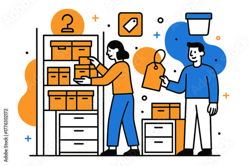 Efficient Storage Illustration. Maximized space. Shelving units with stacked boxes, drawers, and abstract