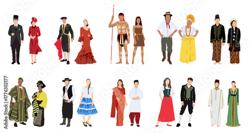 Diverse group of people in traditional clothing from around the world.
