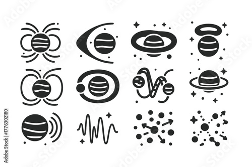Jupiter Magnetosphere Icons. Jupiter magnetosphere and auroras. Solid icons set of Jupiter magnetosphere and auroras: magnetic field lines, magnetotail,
