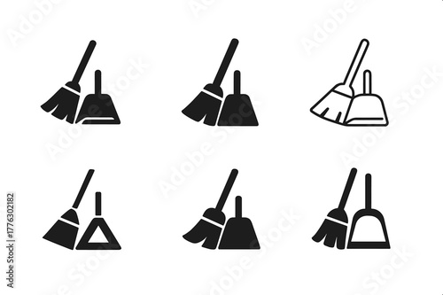 Cleaning Icons Collection. Cleaning the house together. Set Logo of Cleaning the house together: broom and dustpan duo. Icon set. harmonious logo variations of