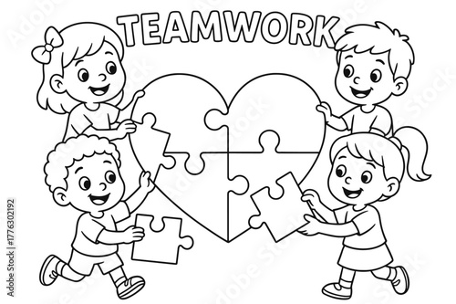 Teamwork Heart Puzzle. Teamwork puzzle children?s coloring book illustration, outlined drawing, cheerful kids each holding one puzzle piece and joining them to