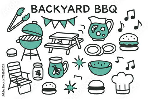 Colorful BBQ Doodle. // Backyard BBQ. Hand-drawn doodle illustration Backyard BBQ [grill (accented), tongs, picnic table, watermelon bowl (accented), lemonade