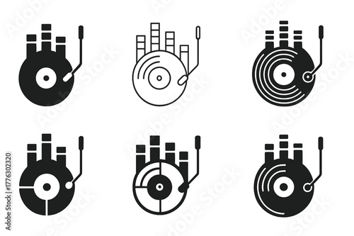 Music Genre Fusion Icons. Genre blending in music. Icon set. Set Logo of genre blending in music: record player with digital equalizer bars. harmonious logo