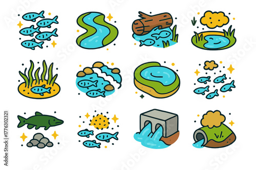 Colorful Freshwater Icon Set. Freshwater shoals. Colorful isometric vector icons set of Freshwater shoals: minnow shoal, river bend habitat, submerged log