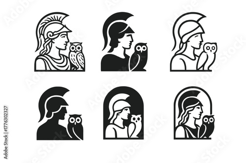 Mystical Deity Icons. Ancient gods and goddesses in a mystical landscape. Set Logo of Ancient gods and goddesses in a mystical landscape: Athena owl. Icon set.