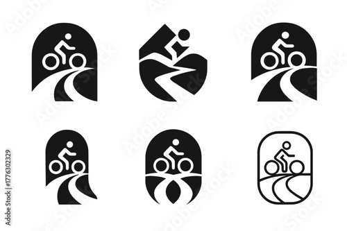 Rural Cycling Logos. Rural cycling path. Set Logo of Rural cycling path: bicycle on country lane. harmonious logo variations of the same emblematic concept,