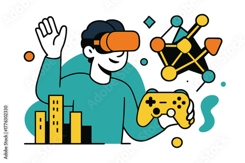 VR Gaming Adventure. Virtual reality and gaming. A person wearing a VR headset, a game controller with a cityscape behind, a network of abstract shapes with