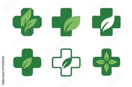 Medical Cross Logo Variations. Medical cross symbol. Set Logo of Medical cross symbol: cross with subtle leaf motif representing wellness. Icon set. harmonious