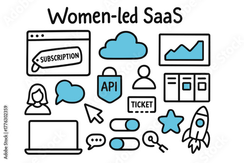 Women-Led SaaS Icons. // Women-led SaaS. Hand-drawn doodle illustration Women-led SaaS [browser window (accented), cloud (accented), subscription