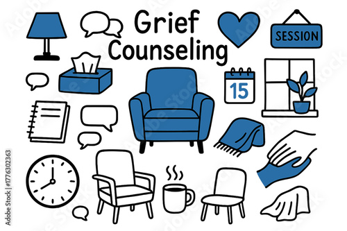 Grief Counseling Essentials. // Grief counseling. Hand-drawn doodle illustration Grief counseling [therapist chair (accented), client chair, tissue box