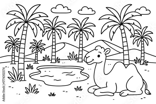 Oasis Coloring Page. Palm oasis in the desert children?s coloring book illustration, outlined drawing, palm trees surrounding a small pond with a camel resting