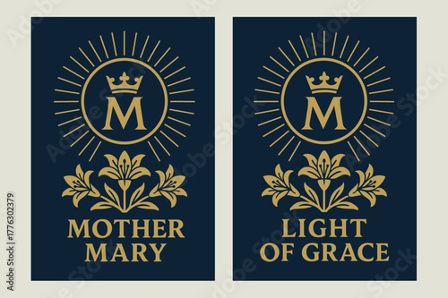 Marian Banners Design. Marian Radiance. Two vertical A6 banners with safe margins, centered composition, no elements touching edges, flat vector design, navy